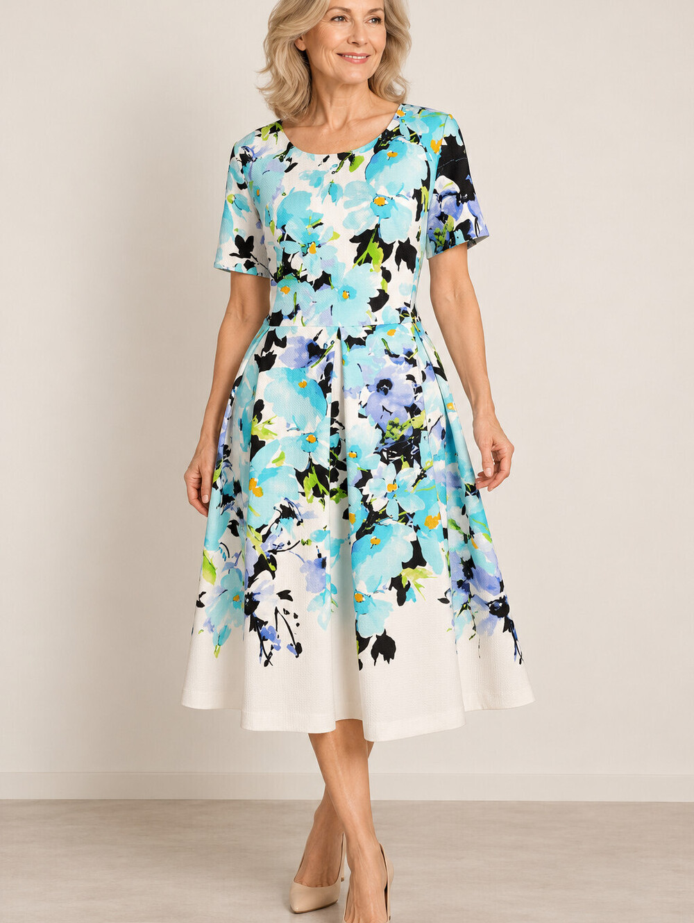 Karl Lagerfeld Paris Floral Fit & Flare Midi Dress Size 14 Blue Black White